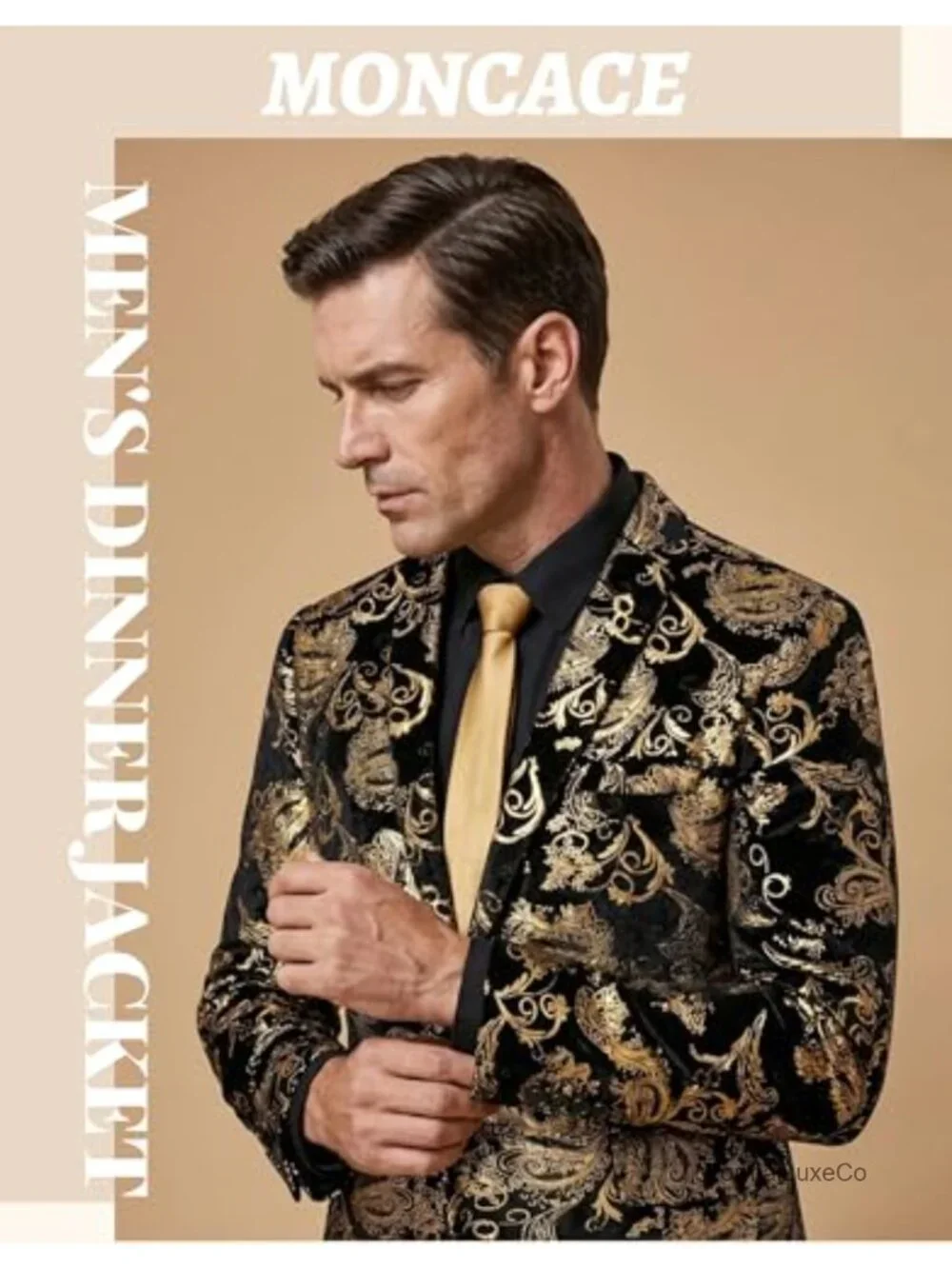 Men's Paisley Blazer Single Button Tuxedo Jacket Notch Lapel Gold Foil Print